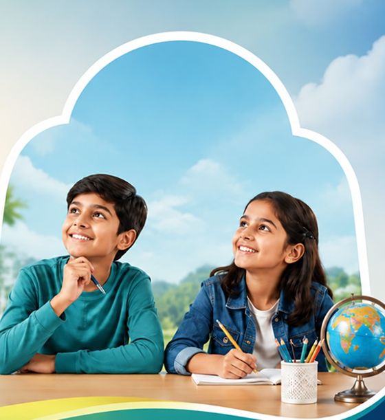 Two children looking up curiously at a desk with a globe